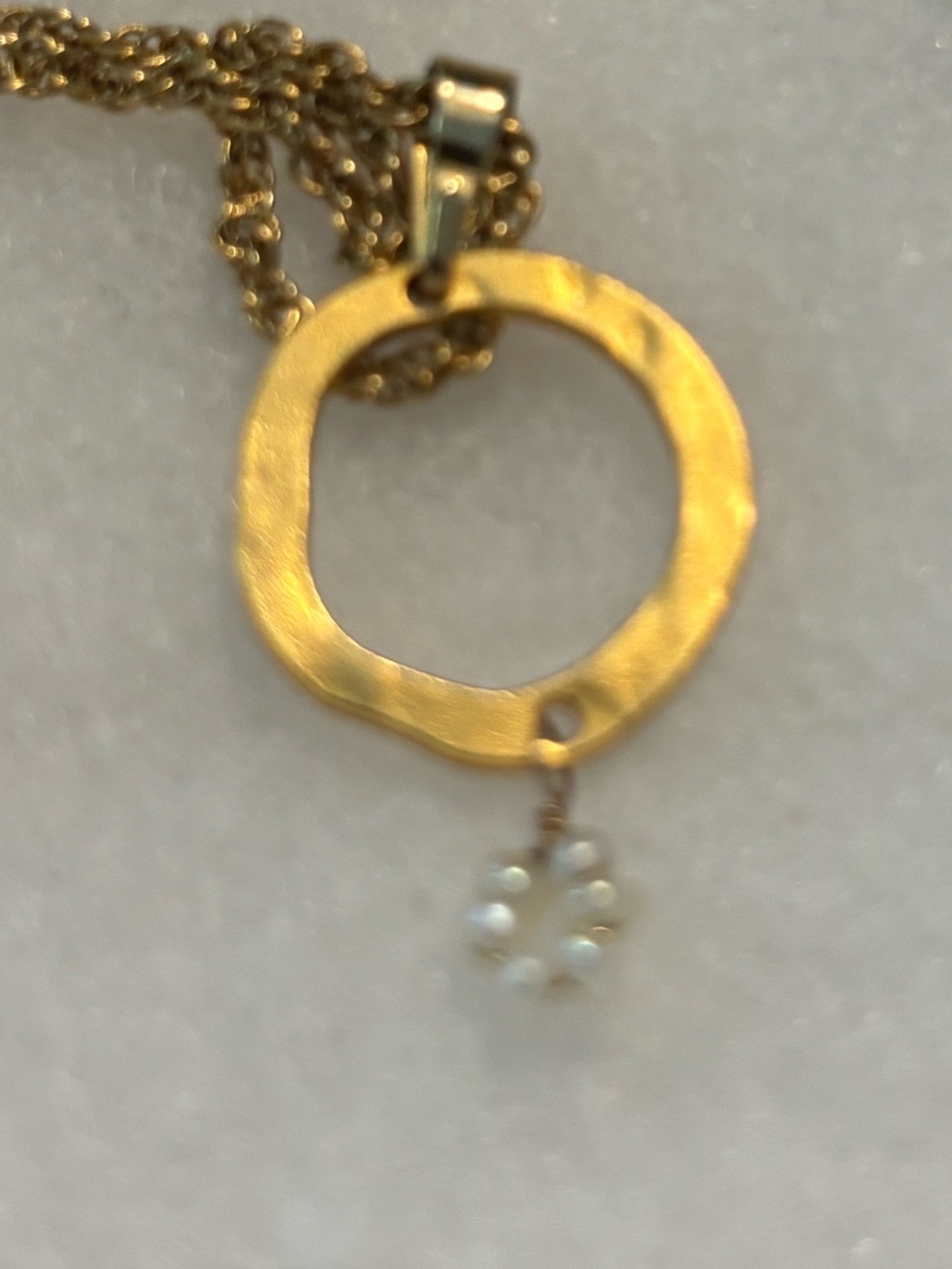 Half United Gold-Tone Circle White Flower Seed Pearl Hammered Circle Necklace - Picture 4 of 5